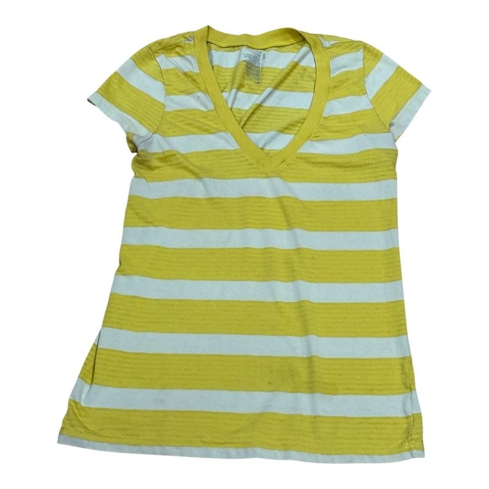 Old Navy Shirt Womens Medium Yellow White Striped V-Neck Short Sleeve Tee Casual